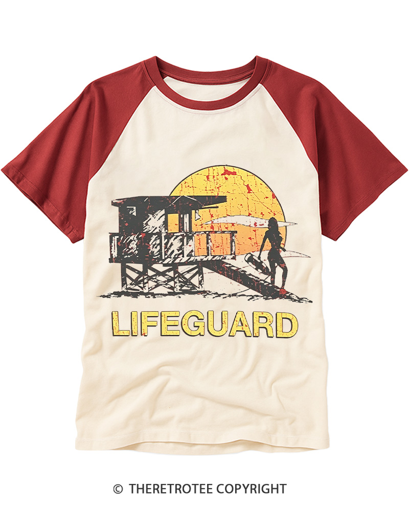 TheRetroTee Lifeguard Sunset 1990s Raglan Baseball T-Shirt