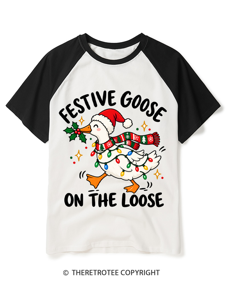 TheRetroTee Festive Goose On The Loose Vintage Raglan Baseball T-Shirt