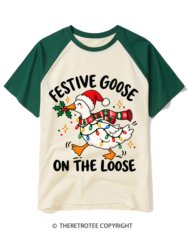 TheRetroTee Festive Goose On The Loose Vintage Raglan Baseball T-Shirt