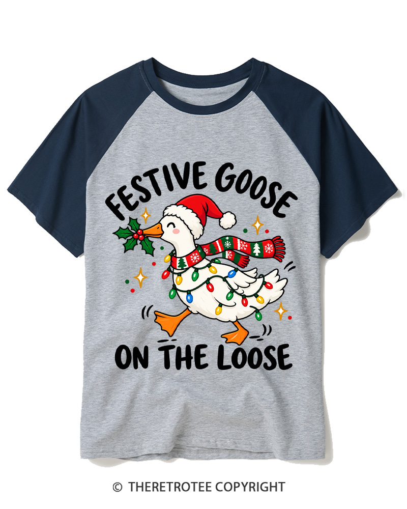 TheRetroTee Festive Goose On The Loose Vintage Raglan Baseball T-Shirt