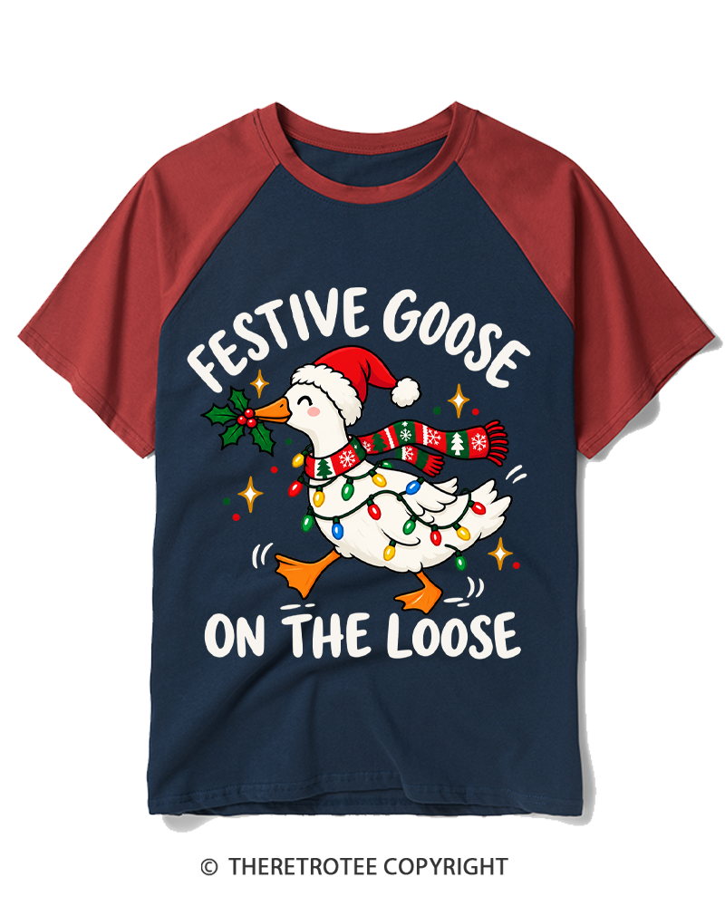 TheRetroTee Festive Goose On The Loose Vintage Raglan Baseball T-Shirt