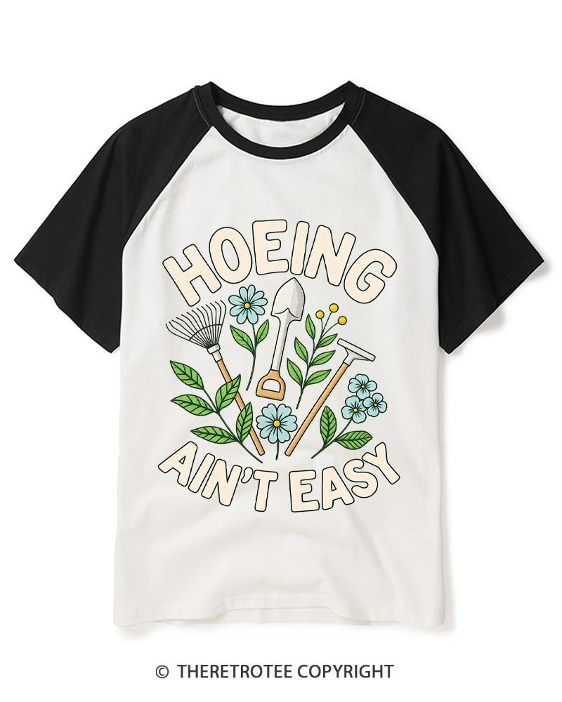 TheRetroTee Hoeing Ain’t Easy 1970s Raglan Baseball T-Shirt