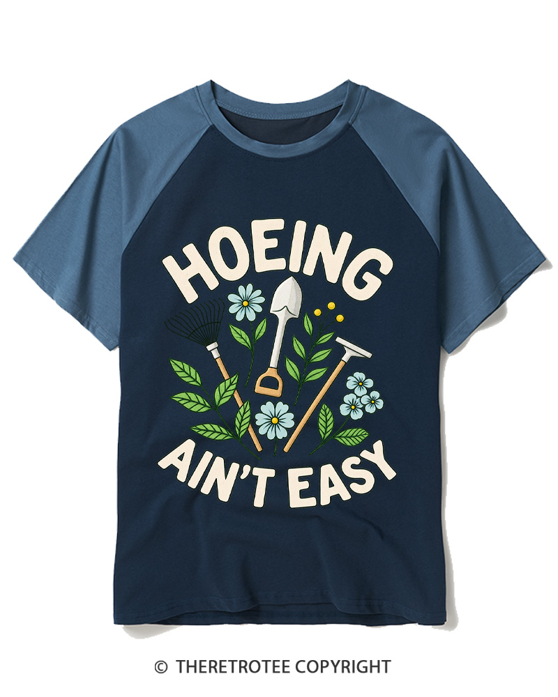 TheRetroTee Hoeing Ain’t Easy 1970s Raglan Baseball T-Shirt