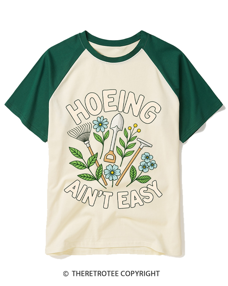 TheRetroTee Hoeing Ain’t Easy 1970s Raglan Baseball T-Shirt