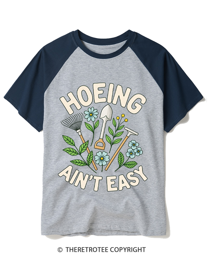 TheRetroTee Hoeing Ain’t Easy 1970s Raglan Baseball T-Shirt