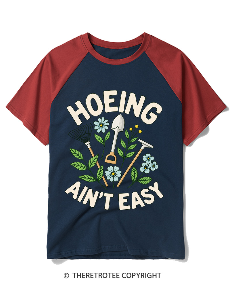TheRetroTee Hoeing Ain’t Easy 1970s Raglan Baseball T-Shirt
