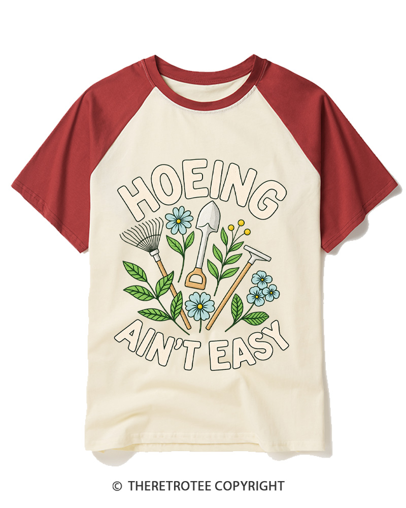TheRetroTee Hoeing Ain’t Easy 1970s Raglan Baseball T-Shirt