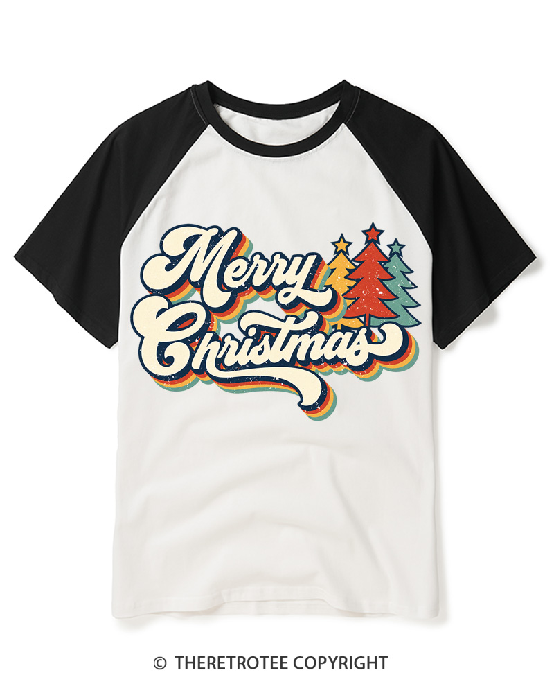 TheRetroTee Merry Christmas 1970s Raglan Baseball T-Shirt