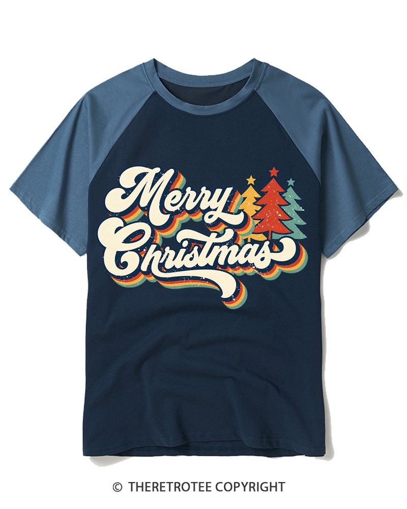 TheRetroTee Merry Christmas 1970s Raglan Baseball T-Shirt