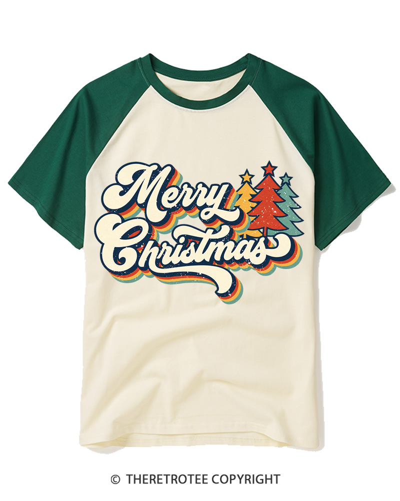 TheRetroTee Merry Christmas 1970s Raglan Baseball T-Shirt