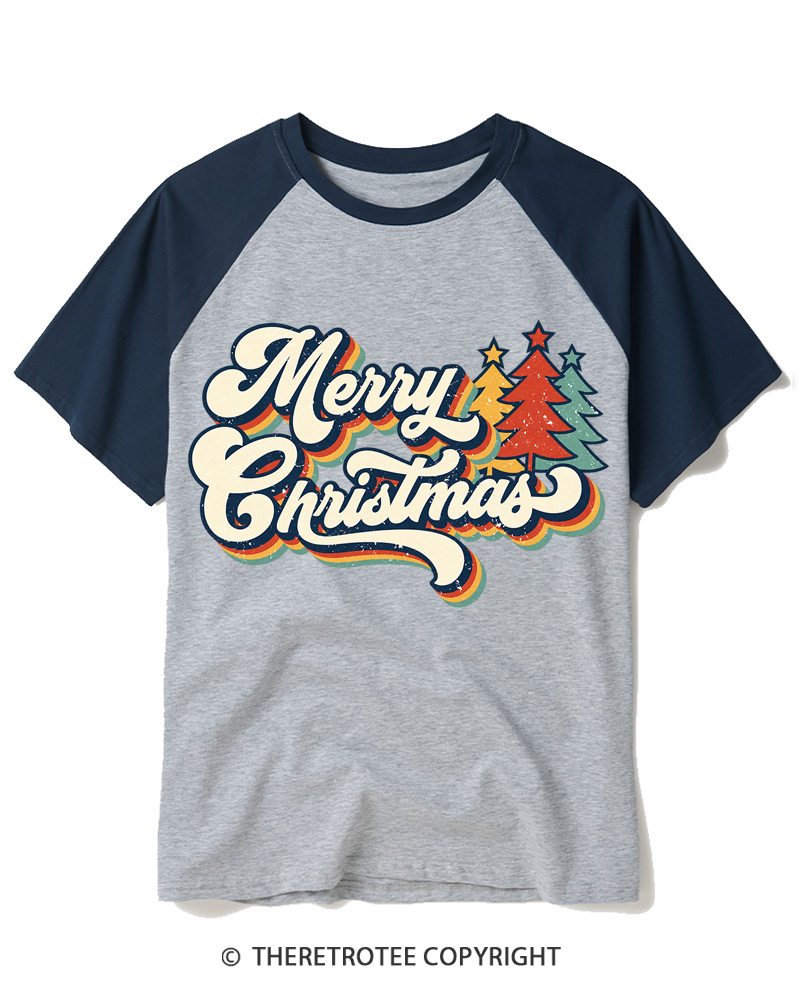 TheRetroTee Merry Christmas 1970s Raglan Baseball T-Shirt