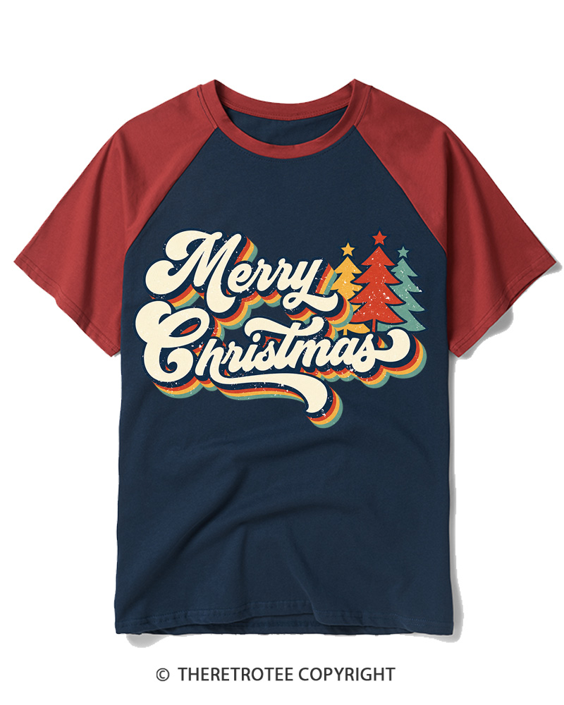 TheRetroTee Merry Christmas 1970s Raglan Baseball T-Shirt