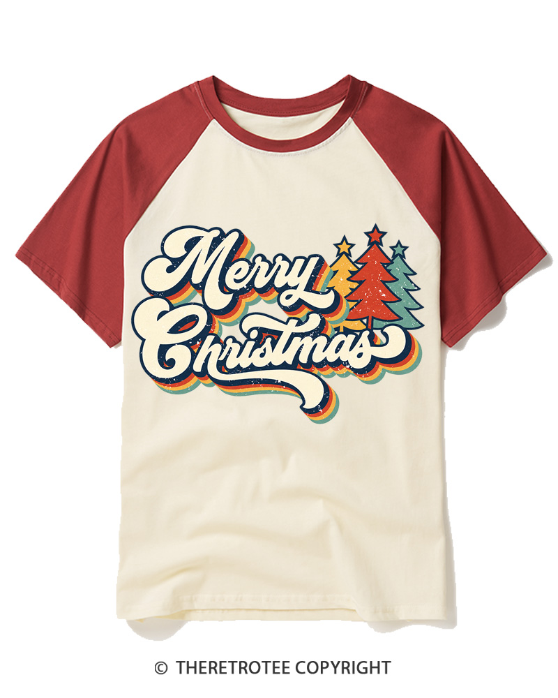TheRetroTee Merry Christmas 1970s Raglan Baseball T-Shirt