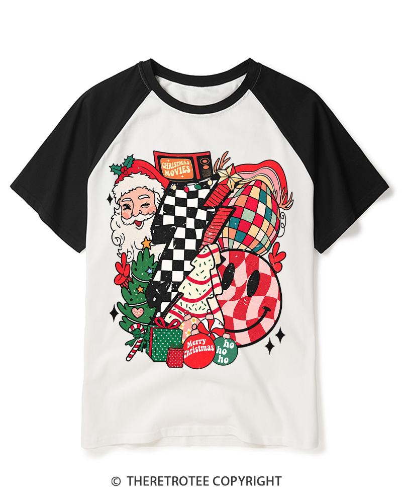 TheRetroTee Christmas Graphic 1970s Raglan Baseball T-Shirt