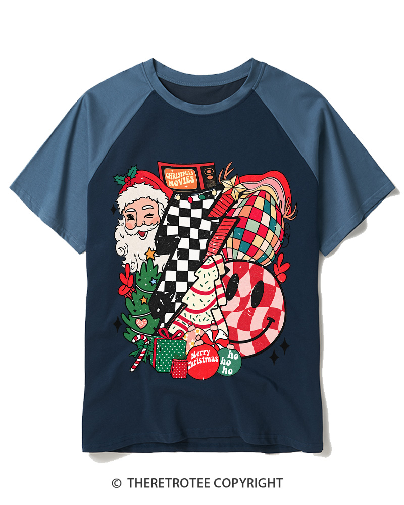 TheRetroTee Christmas Graphic 1970s Raglan Baseball T-Shirt