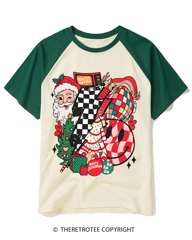 TheRetroTee Christmas Graphic 1970s Raglan Baseball T-Shirt