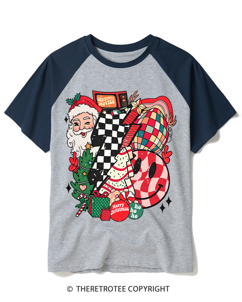TheRetroTee Christmas Graphic 1970s Raglan Baseball T-Shirt
