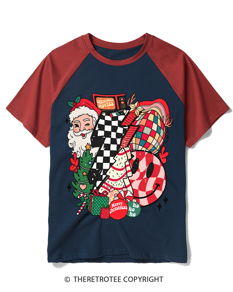 TheRetroTee Christmas Graphic 1970s Raglan Baseball T-Shirt