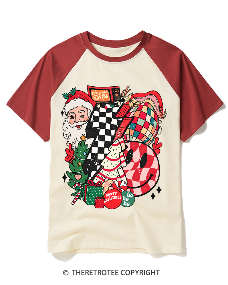 TheRetroTee Christmas Graphic 1970s Raglan Baseball T-Shirt