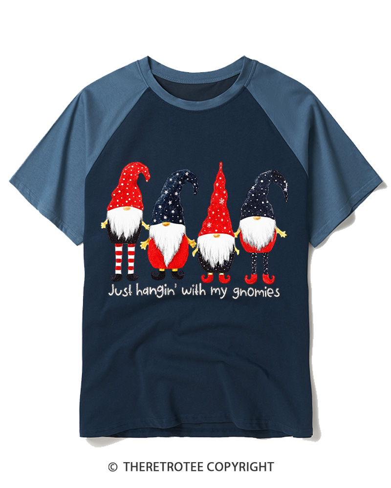 TheRetroTee Just Hangin’ With My Gnomies Vintage Raglan Baseball T-Shirt