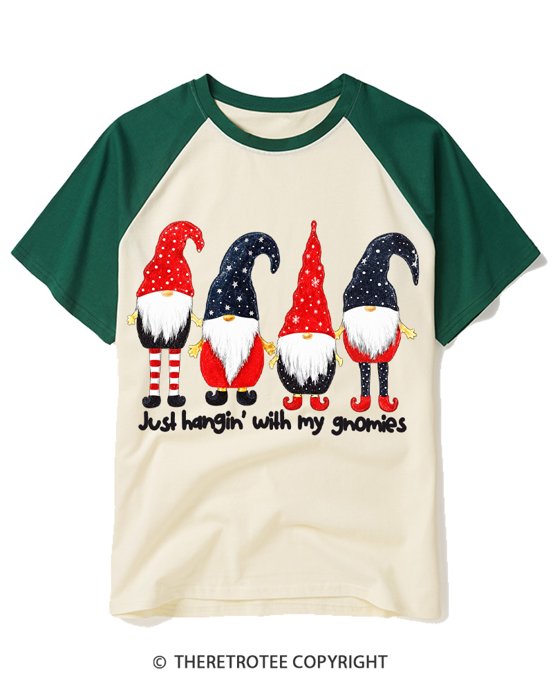 TheRetroTee Just Hangin’ With My Gnomies Vintage Raglan Baseball T-Shirt
