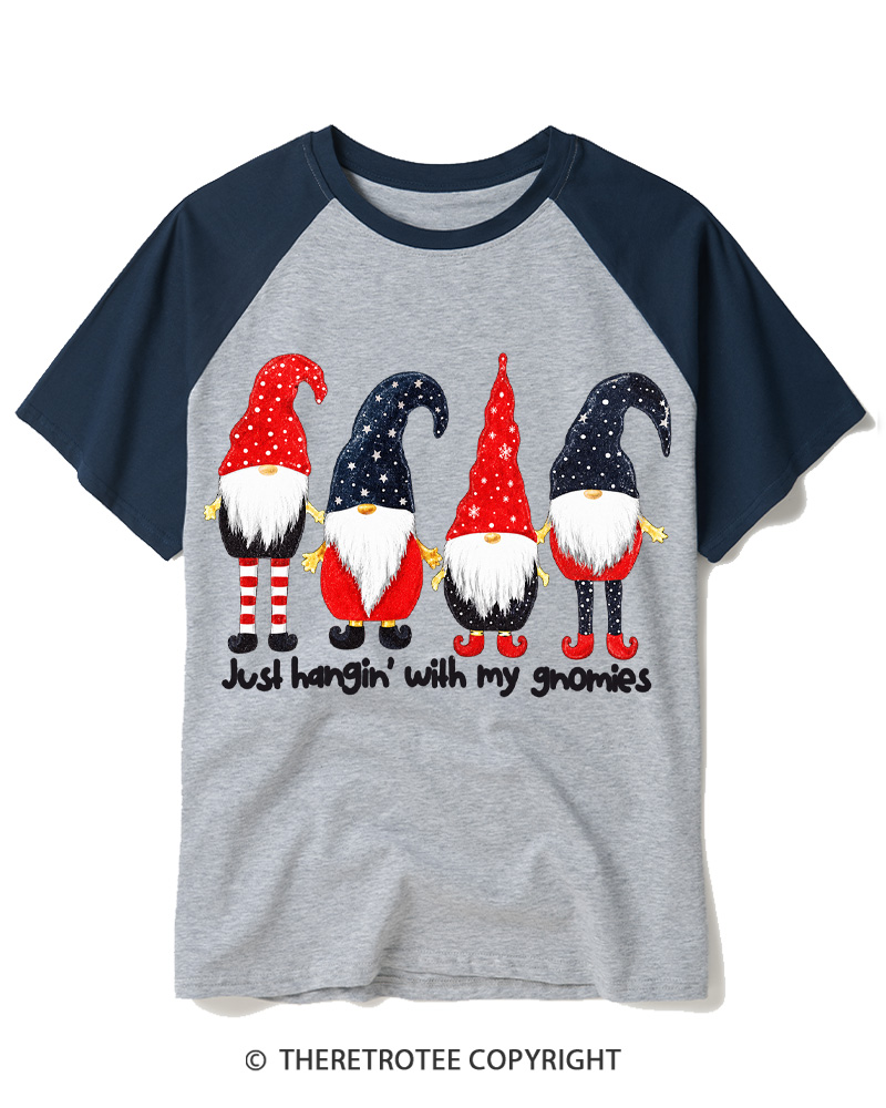 TheRetroTee Just Hangin’ With My Gnomies Vintage Raglan Baseball T-Shirt