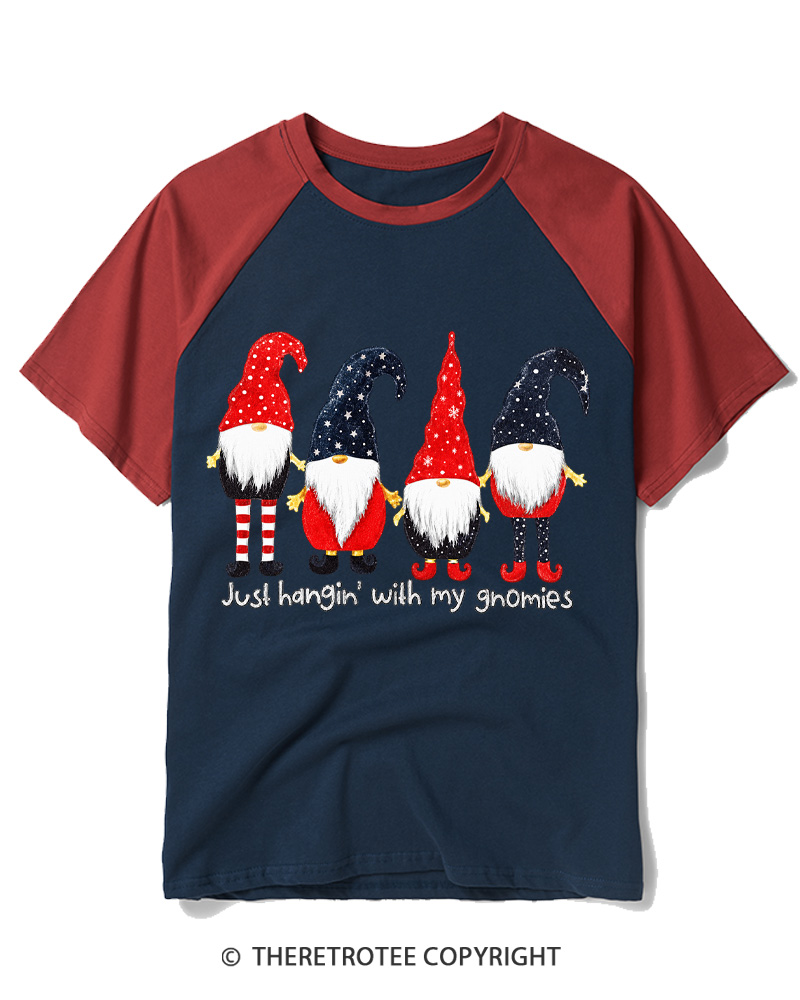 TheRetroTee Just Hangin’ With My Gnomies Vintage Raglan Baseball T-Shirt