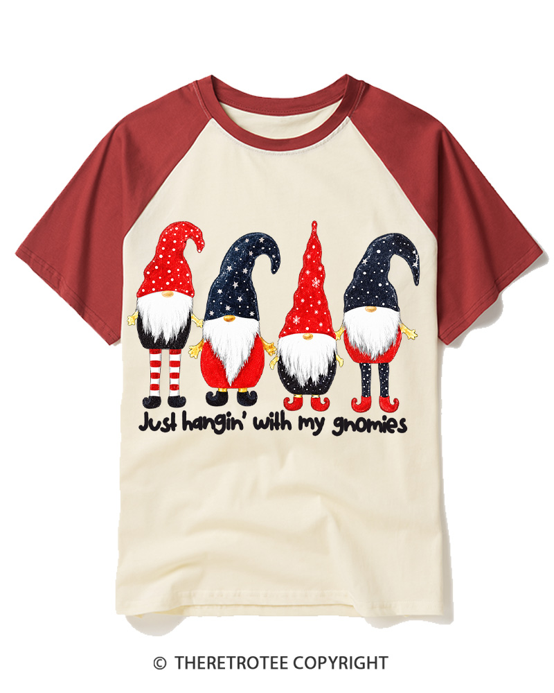 TheRetroTee Just Hangin’ With My Gnomies Vintage Raglan Baseball T-Shirt