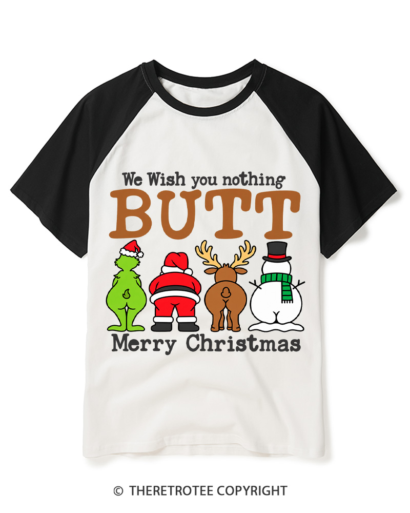 TheRetroTee We Wish You a Merry Christmas 1950s Raglan Baseball T-Shirt