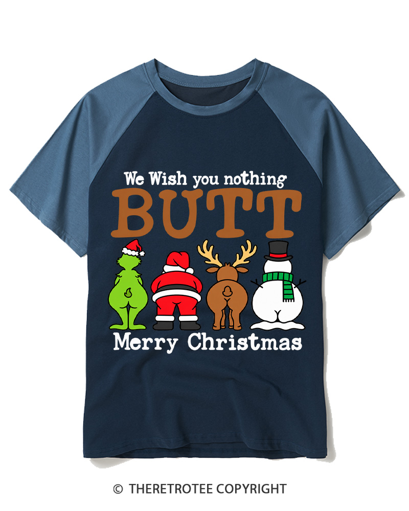 TheRetroTee We Wish You a Merry Christmas 1950s Raglan Baseball T-Shirt