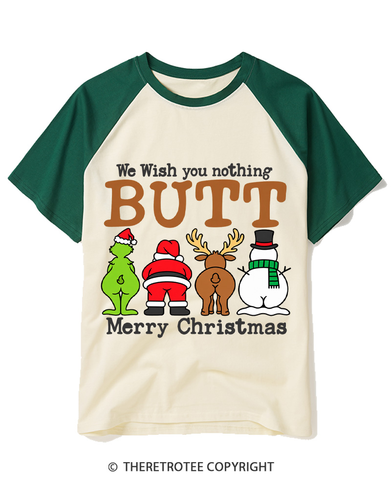 TheRetroTee We Wish You a Merry Christmas 1950s Raglan Baseball T-Shirt