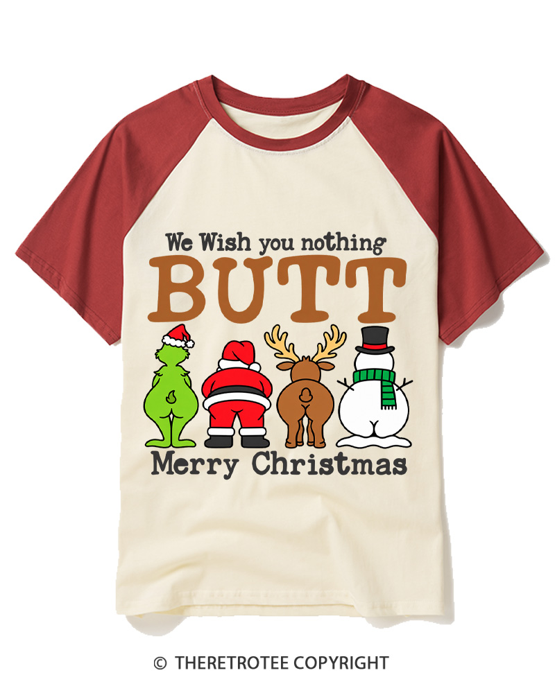 TheRetroTee We Wish You a Merry Christmas 1950s Raglan Baseball T-Shirt