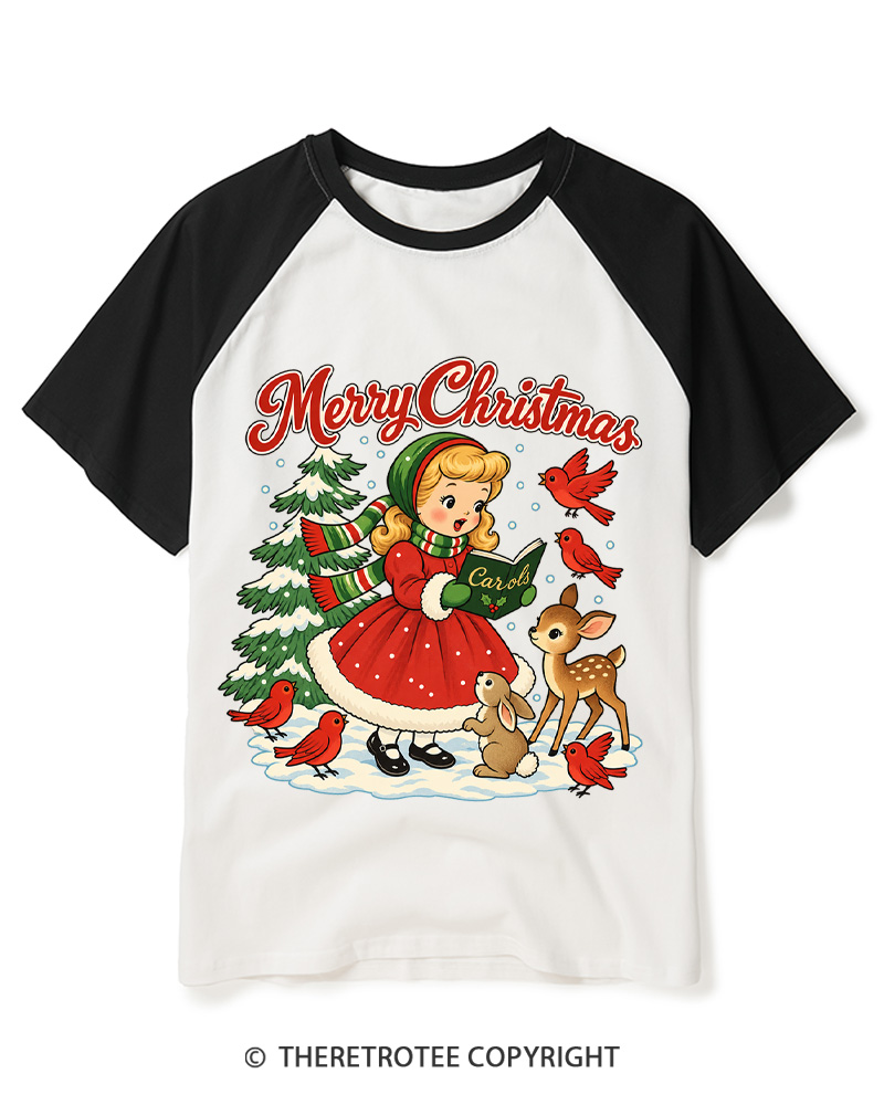 TheRetroTee Christmas Carols 1950s Raglan Baseball T-Shirt