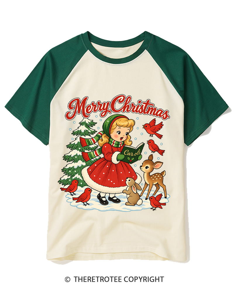TheRetroTee Christmas Carols 1950s Raglan Baseball T-Shirt
