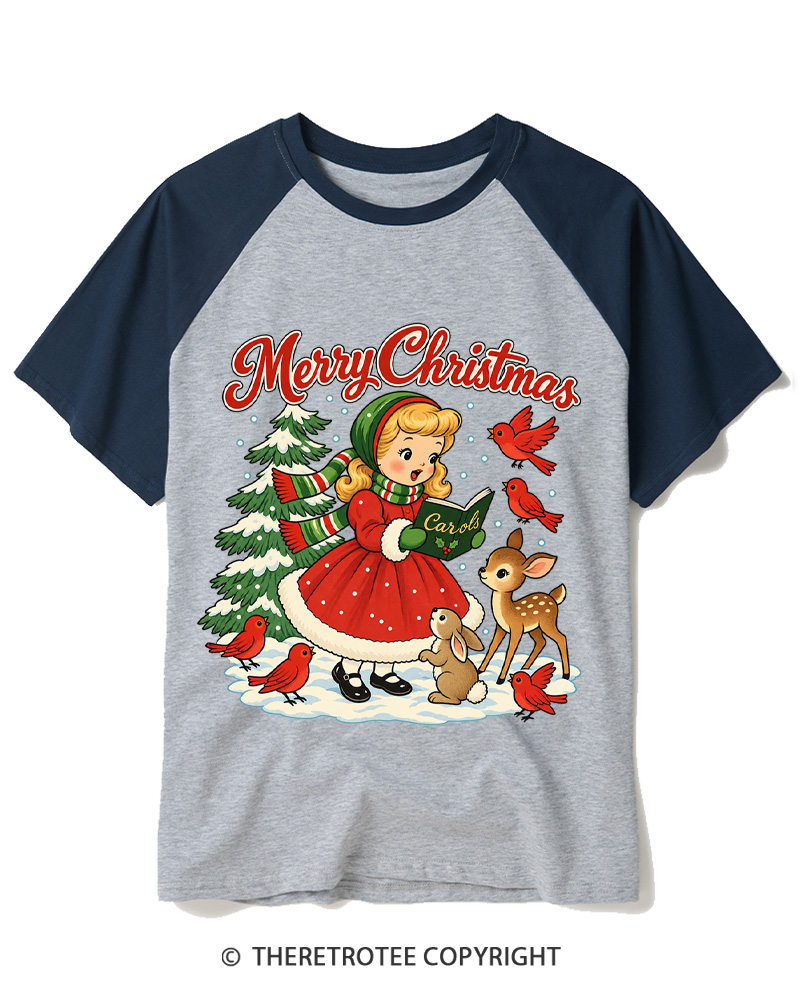 TheRetroTee Christmas Carols 1950s Raglan Baseball T-Shirt