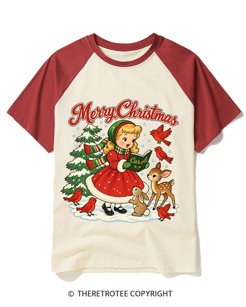 TheRetroTee Christmas Carols 1950s Raglan Baseball T-Shirt