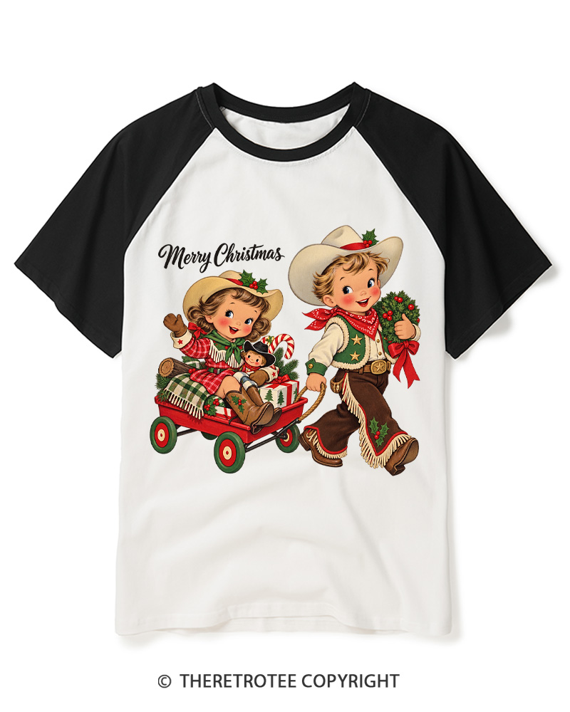 TheRetroTee Cowboy Christmas 1950s Raglan Baseball T-Shirt