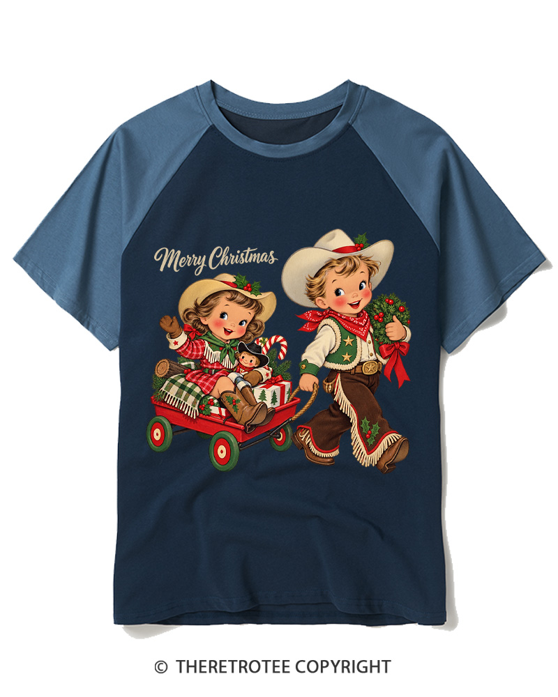 TheRetroTee Cowboy Christmas 1950s Raglan Baseball T-Shirt