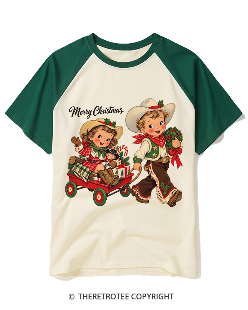 TheRetroTee Cowboy Christmas 1950s Raglan Baseball T-Shirt