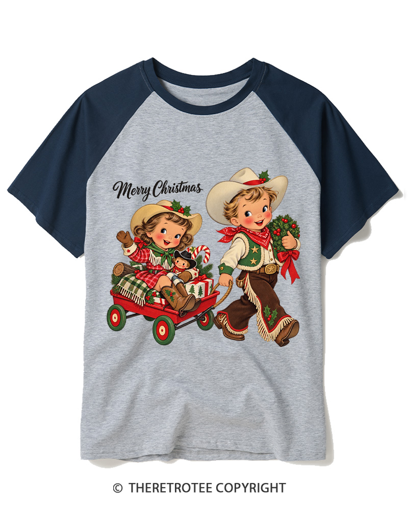 TheRetroTee Cowboy Christmas 1950s Raglan Baseball T-Shirt