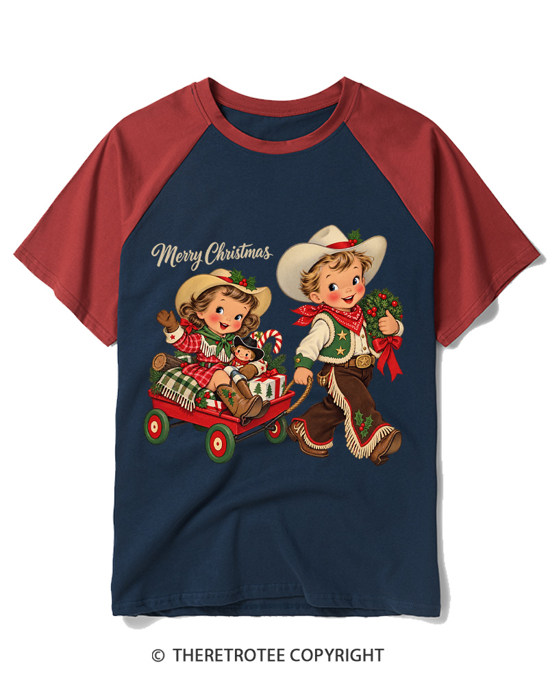 TheRetroTee Cowboy Christmas 1950s Raglan Baseball T-Shirt