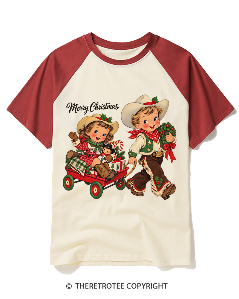 TheRetroTee Cowboy Christmas 1950s Raglan Baseball T-Shirt