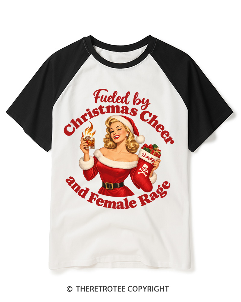 TheRetroTee Fueled by Christmas Cheer and Female Rage 1950s Raglan Baseball T-Shirt