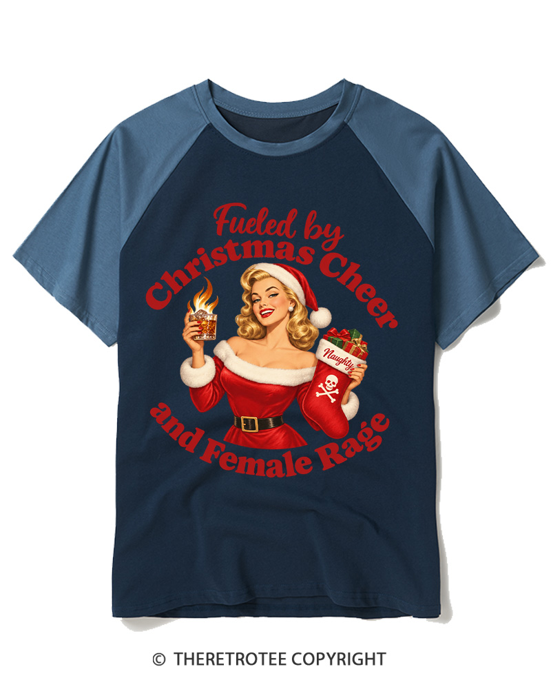 TheRetroTee Fueled by Christmas Cheer and Female Rage 1950s Raglan Baseball T-Shirt