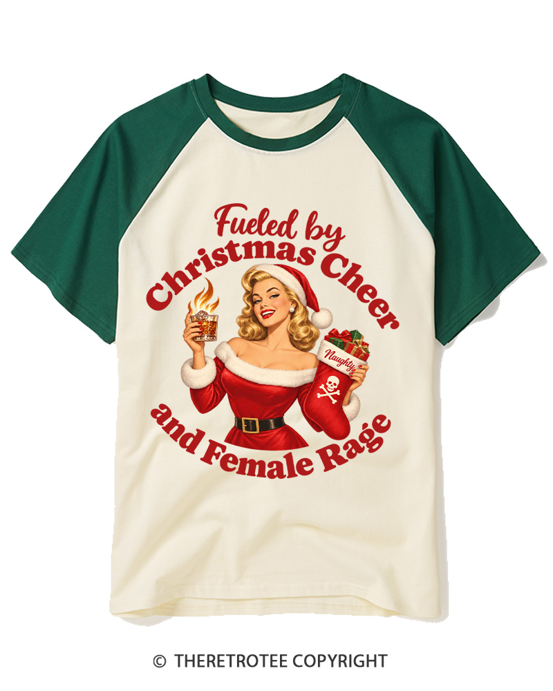 TheRetroTee Fueled by Christmas Cheer and Female Rage 1950s Raglan Baseball T-Shirt