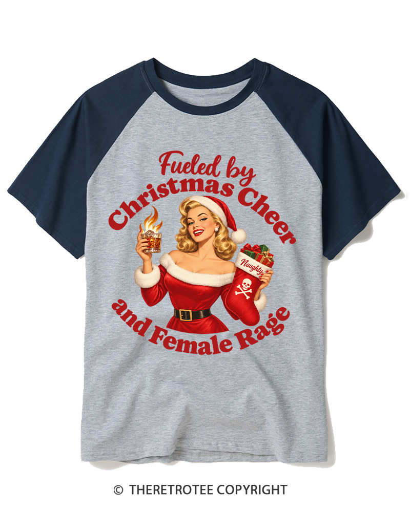 TheRetroTee Fueled by Christmas Cheer and Female Rage 1950s Raglan Baseball T-Shirt