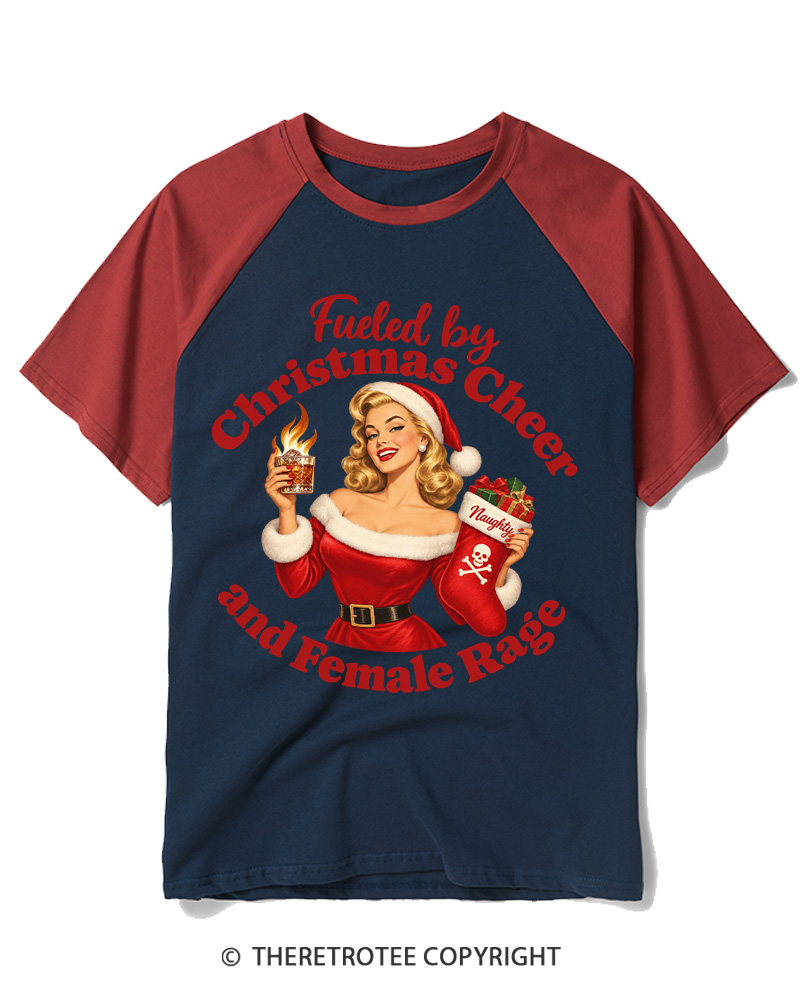 TheRetroTee Fueled by Christmas Cheer and Female Rage 1950s Raglan Baseball T-Shirt