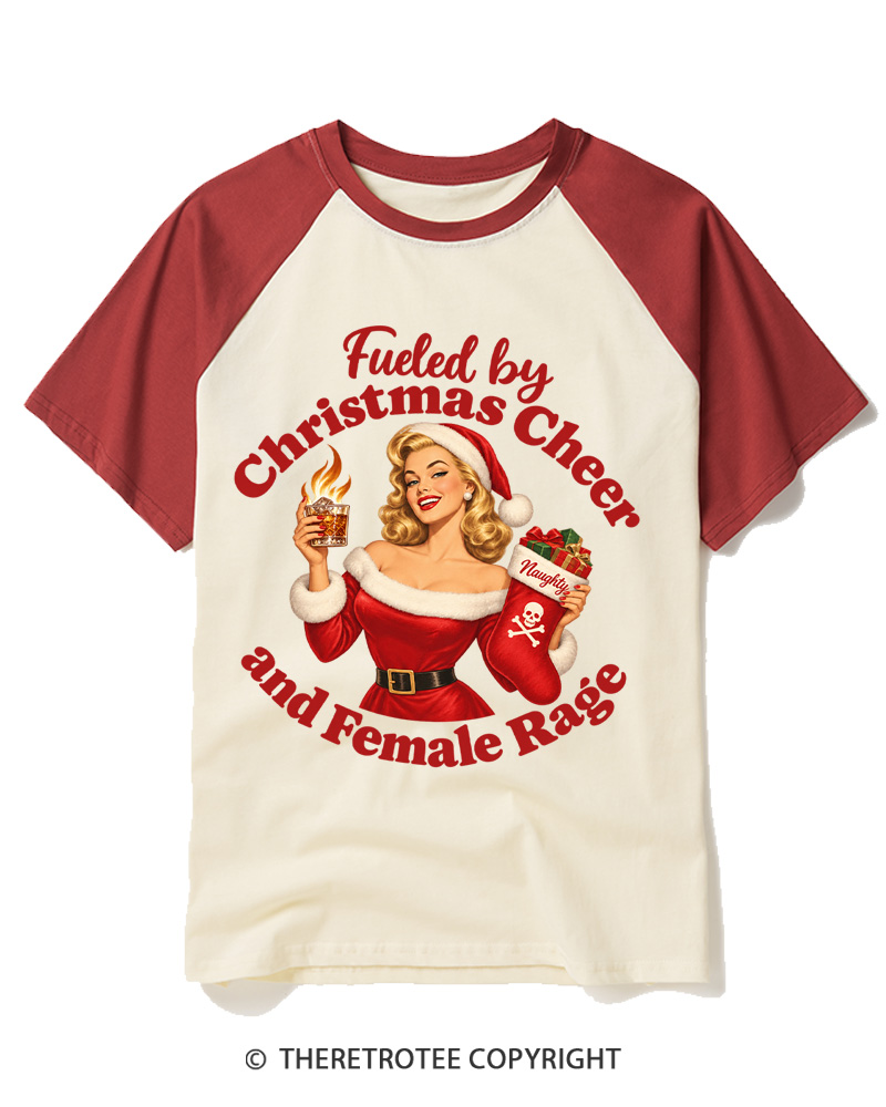 TheRetroTee Fueled by Christmas Cheer and Female Rage 1950s Raglan Baseball T-Shirt