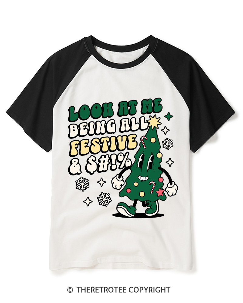 TheRetroTee Look At Me Being All Festive 1970s Raglan Baseball T-Shirt