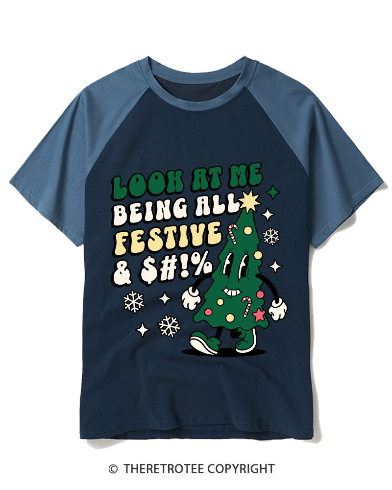 TheRetroTee Look At Me Being All Festive 1970s Raglan Baseball T-Shirt